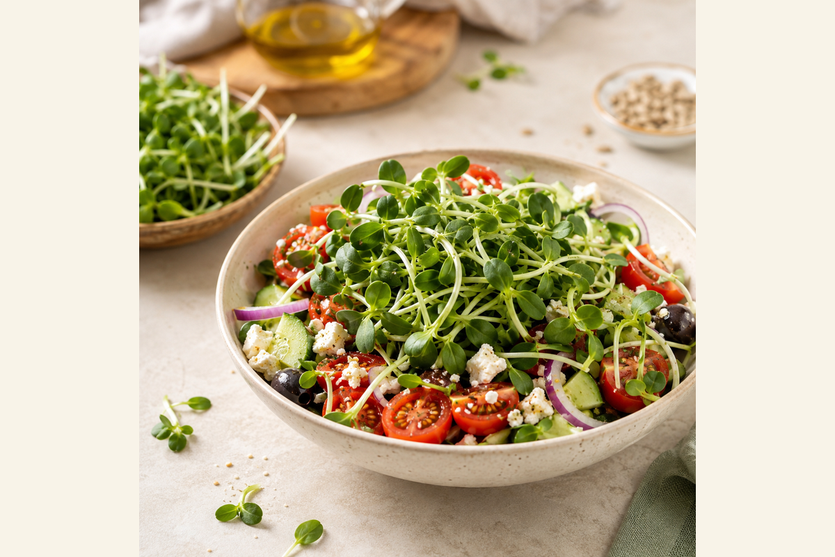 Fresh salad topped with sunflower microgreens